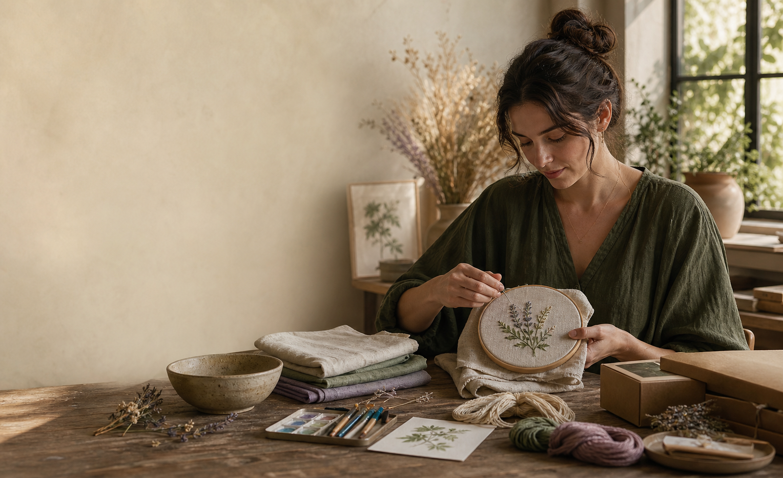 Adult maker embroidering in a warm, botanical home studio